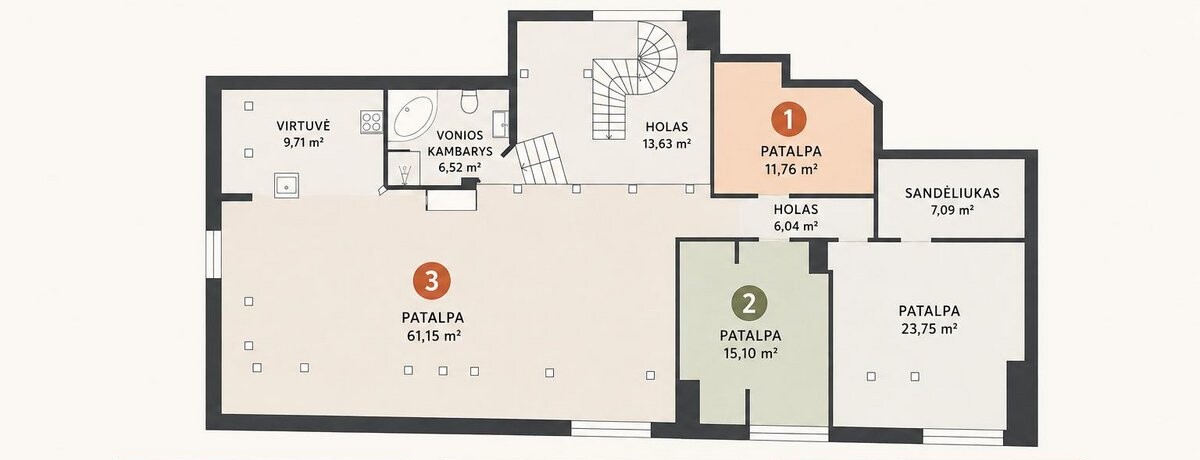 LAIKO TERPĖS patalpų planas su 61,15 ir 23,75 m² studijomis bei 11,76 ir 15,10 m² mansardomis